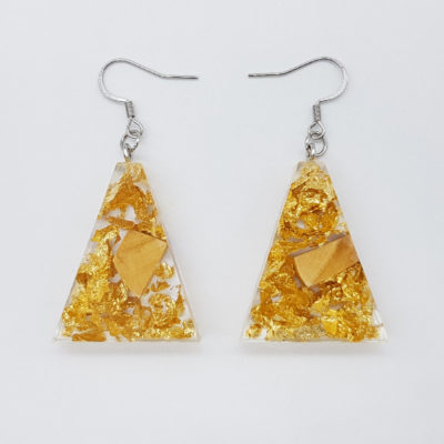 Resin earrings, inverted triangles with precious gold leaf and olive wood