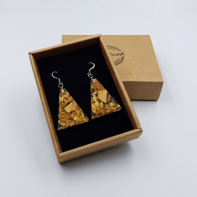 Resin earrings, inverted triangles with gold leaf and olive wood