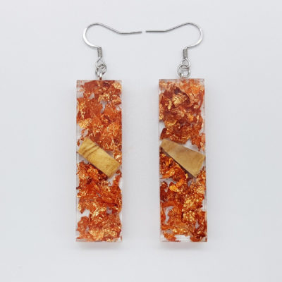 Resin earrings, straight with precious copper leaf and olive wood