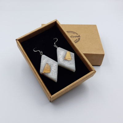 Resin earrings, rhombus in white color with  wood