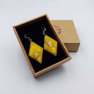 Resin earrings, rhombus in yellow color with  wood