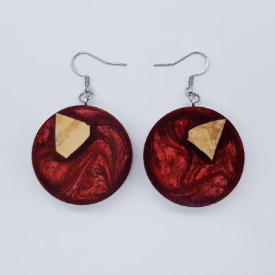 Resin earrings, rounds in red color with olive wood