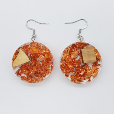 Resin earrings, rounds with precious copper leaf and olive wood