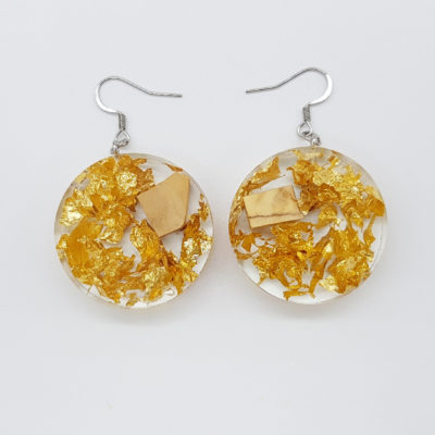 Resin earrings, rounds with precious gold leaf and olive wood