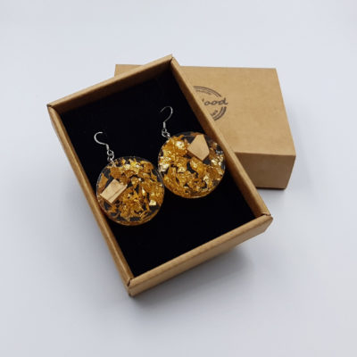 Resin earrings, rounds with  gold leaf and olive wood