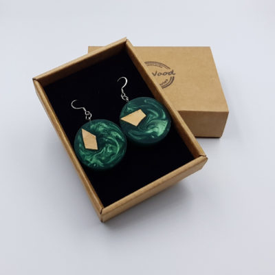 Resin earrings, rounds in green color with  wood