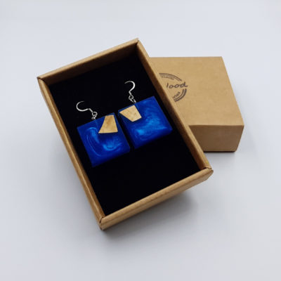 Resin earrings, squares in blue color with  wood
