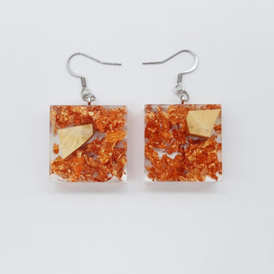 Resin earrings, squares with precious copper leaf and olive wood