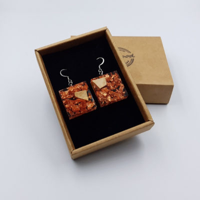 Resin earrings, squares with  copper leaf and olive wood