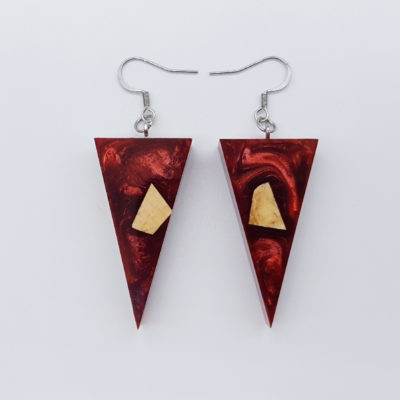 Resin earrings, triangles in red color with olive wood