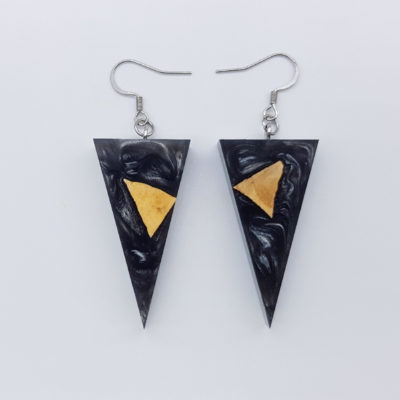 Resin earrings, triangles in black color with olive wood