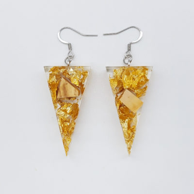 Resin earrings, triangles with precious gold leaf and olive wood