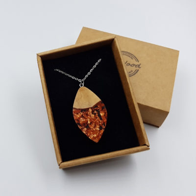 Resin pendant,  leaf design with precious copper leaf and olive wood large