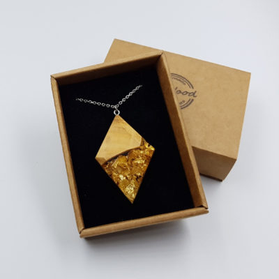 Resin pendant,  rhombus design with precious gold leaf and olive wood large
