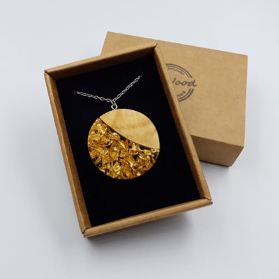 Resin pendant,  round design with precious gold leaf and olive wood large