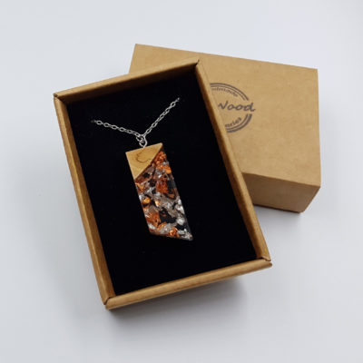 Resin pendant, straight design with precious copper silver leaf and olive wood  large