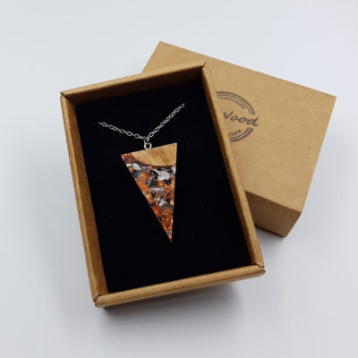 Resin pendant, large triangle design with precious copper silver leaf and olive wood