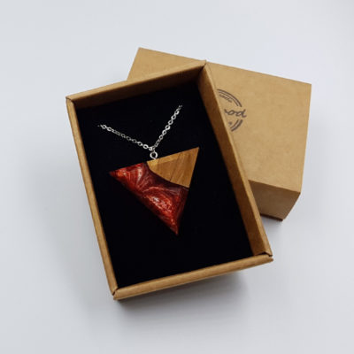 Resin pendant,  triangle design in red black color with olive wood large