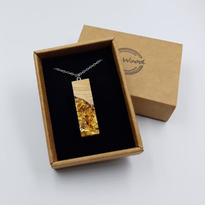 Resin pendant,  straight design with precious gold leaf and olive wood