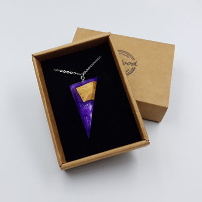 Resin pendant, triangle design in purple white color with olive wood large