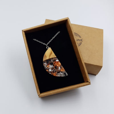 Resin pendant, crescent moon design with precious copper silver leaf and olive wood large