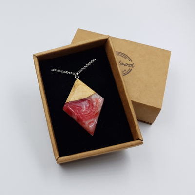 Resin pendant,  rhombus design in red white color with olive wood large