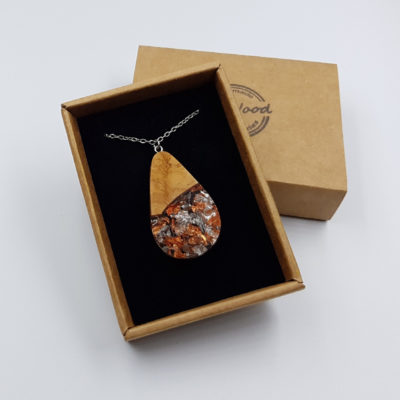 Resin pendant  drop design with precious copper silver leaf and olive wood large