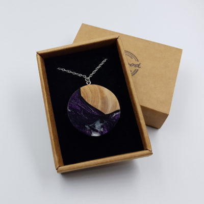 Resin pendant, round design in white purple black color with olive wood large
