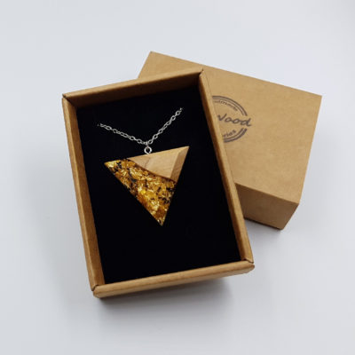Resin pendant, triangle design with precious gold leaf and olive wood large