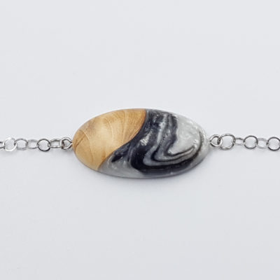 Resin bracelet in black  white with olive wood