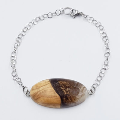 Resin bracelet in brown and white with olive wood