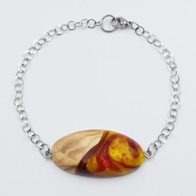 Resin bracelet in red and yellow with olive wood