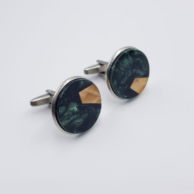 Resin cufflinks in dark green with olive wood