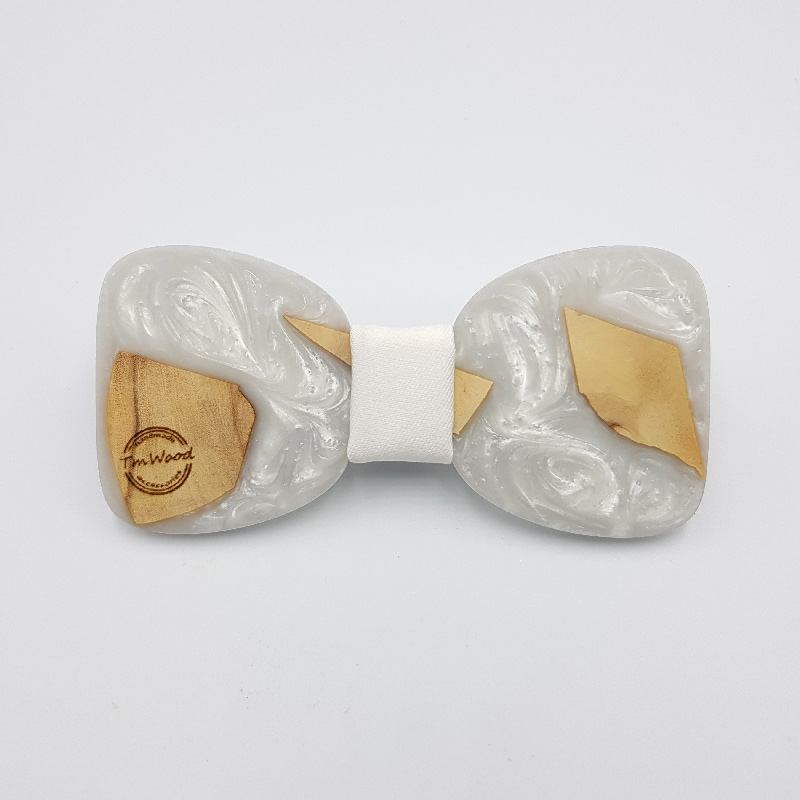 Resin bow tie in white with olive wood