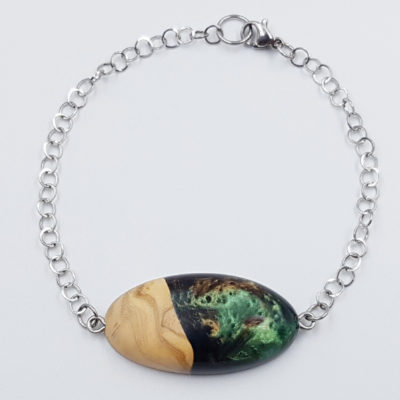 Resin bracelet in green and brown with olive wood
