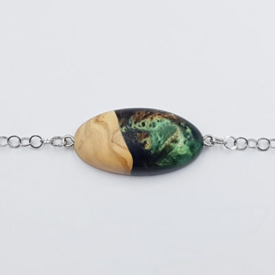 Resin bracelet in green brown with olive wood