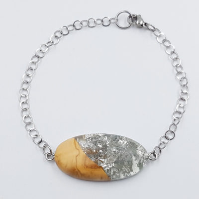 Resin bracelet with precious silver leaf and olive wood