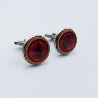 Resin cufflinks in red and wooden bezel