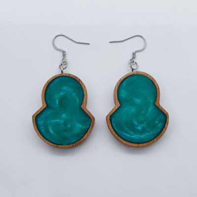 Resin earrings, double rounds in bright green color with wooden bezel