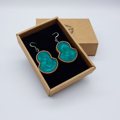 Resin earrings, double rounds in bright green with wooden bezel