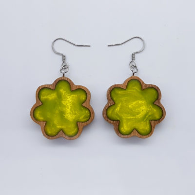 Resin earrings, flowers in lime color with wooden bezel