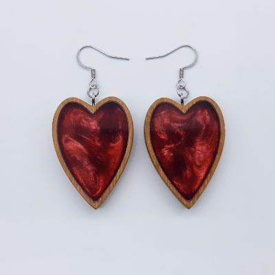 Resin earrings, heart in red color with wooden bezel