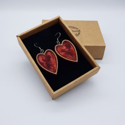 Resin earrings, heart in red with wooden bezel