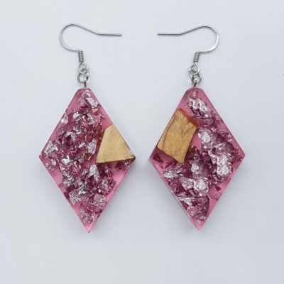 Resin earrings clear pink, rhombus with precious silver leaf and olive wood