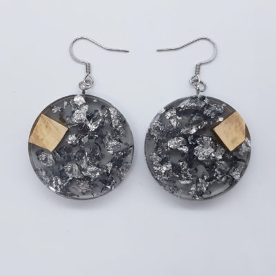 Resin earrings clear black, rounds with precious silver leaf and olive wood