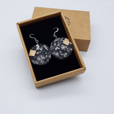 Resin earrings clear black, rounds with  silver leaf and olive wood