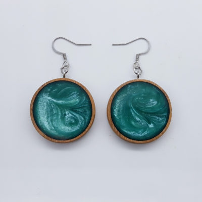 Resin earrings,rounds in turquoise color with wooden bezel