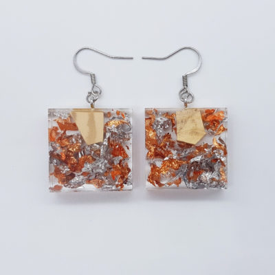 Resin earrings, squares with precious copper, silver leaf and olive wood