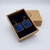 Resin earrings, squares in dark blue with wooden bezel