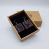 Resin earrings, squares in dark purple with wooden bezel